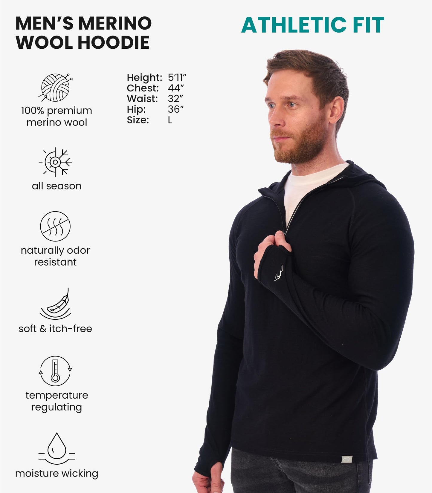 Men's Merino Wool Half Zip Thermal Hoodie